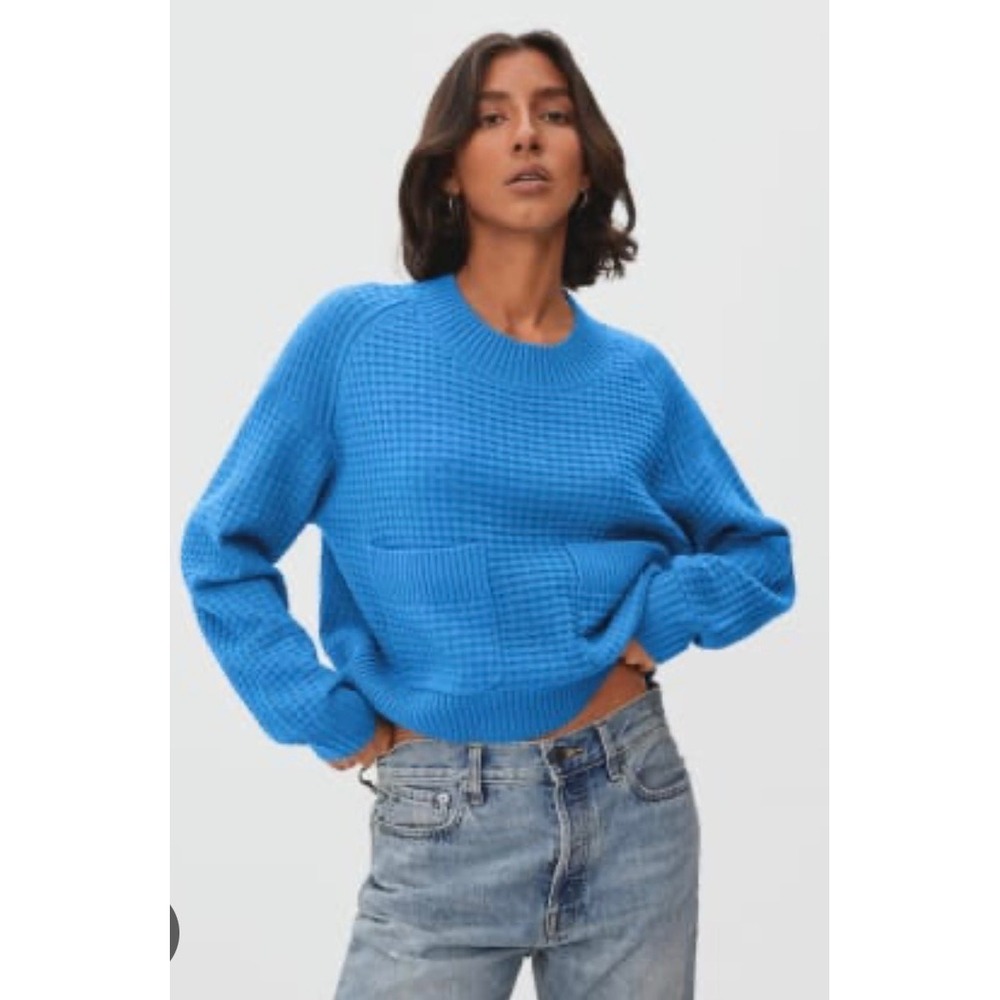Everlane Cashmere Belgian Waffle Knit Pullover Pocket Cropped Sweater Blue Cozy